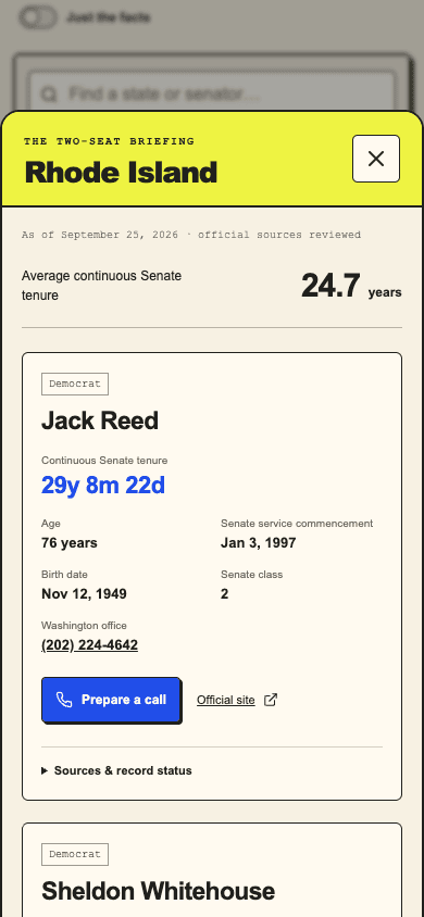Real mobile Senator Guardrails interface showing the Rhode Island senator bottom sheet