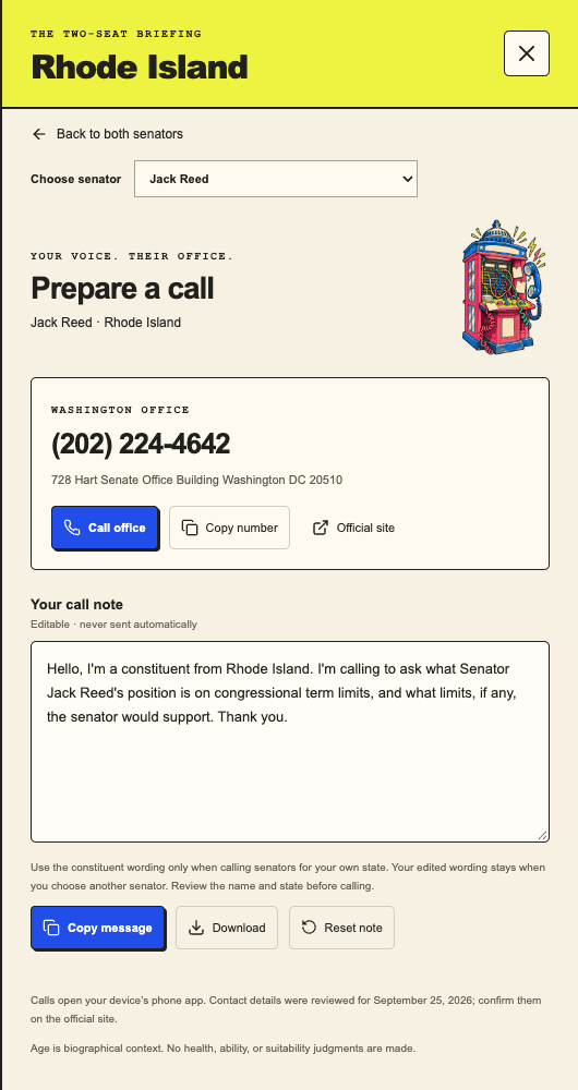 Actual Senator Guardrails switchboard with office phone, editable neutral call note, and copy/download controls